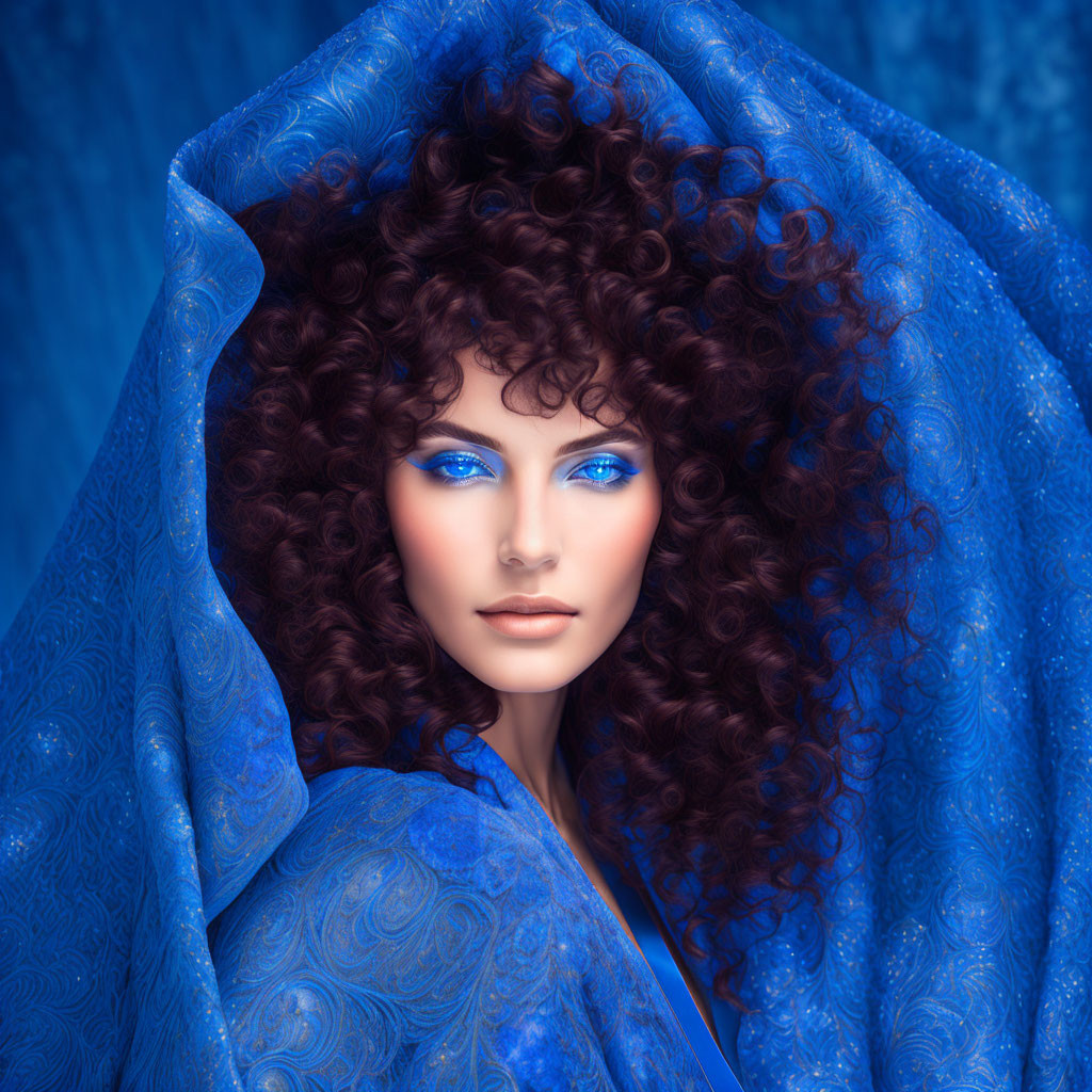 Woman with Voluminous Curly Hair and Striking Blue Eyes in Shimmery Blue Fabric