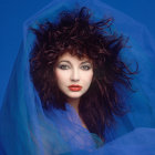 Woman with Voluminous Curly Hair and Striking Blue Eyes in Shimmery Blue Fabric