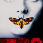 Surreal portrait: grayscale face with vibrant red eyes, butterfly, red roses