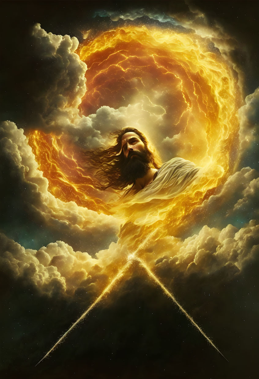 Celestial figure with beard and flowing hair in luminous ring of clouds on stormy sky