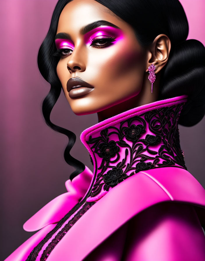 Digital Artwork: Woman with Bold Makeup and Pink Jacket