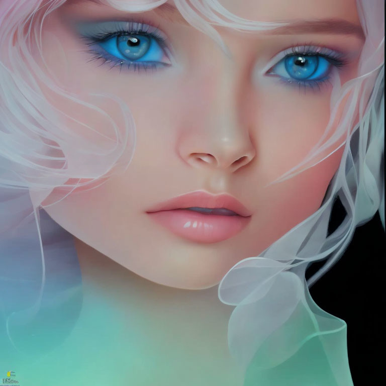 Digital Painting: Woman with Blue Eyes, Pale Skin, and White Hair on Dark Background