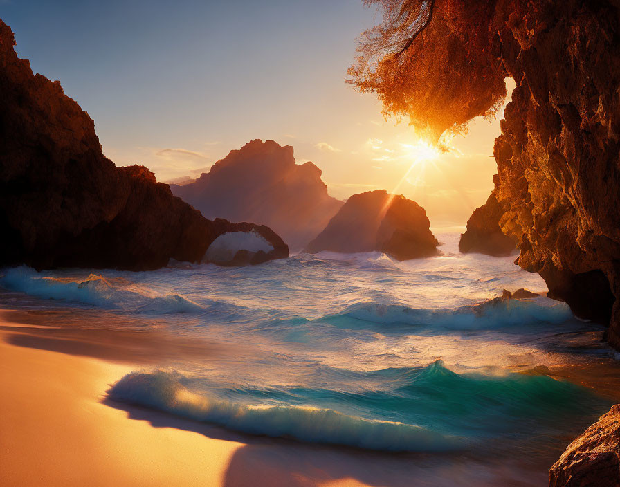 Scenic sunset beach view through cave opening