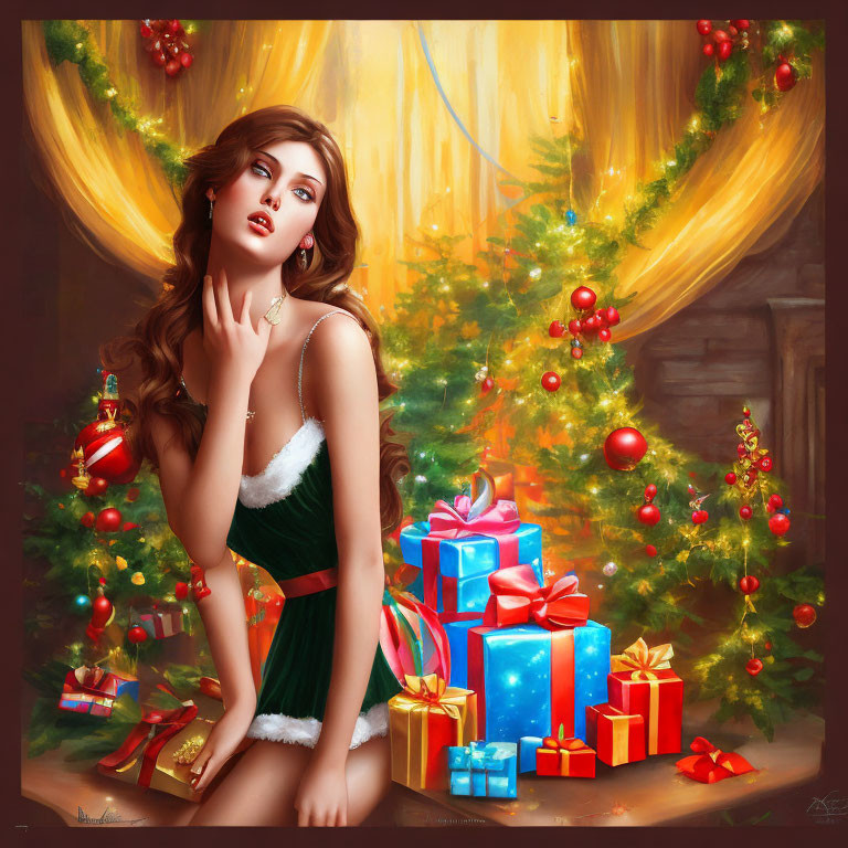 Festive woman with gifts by Christmas tree and warm lighting