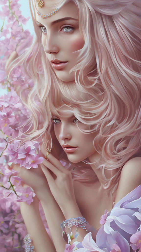 Ethereal women with pale skin and pink hair in floral setting