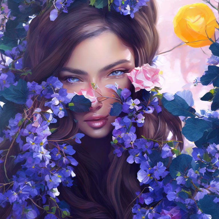 Vibrant digital artwork: Woman with striking blue eyes among purple and yellow flowers