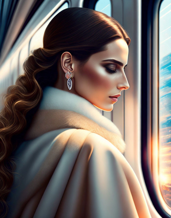 Woman with wavy hair and elegant earring looking out train window in sunlight