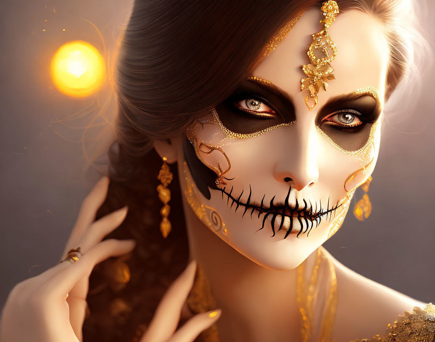 Intricate gold skull makeup on woman in digital portrait