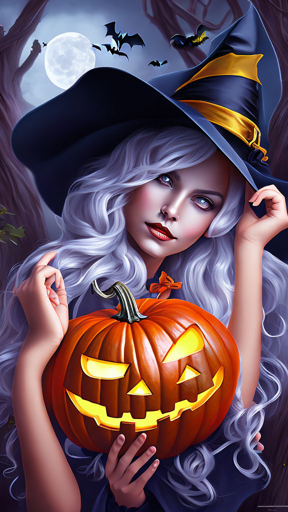 Woman in witch costume with white hair holding jack-o'-lantern under moonlit sky with bats