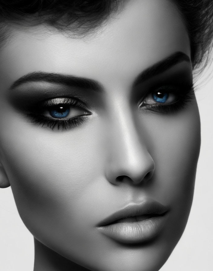 Detailed portrait of woman with blue eyes and dark makeup