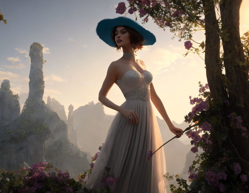 Woman in elegant gown and wide-brimmed hat among flowers and rock formations