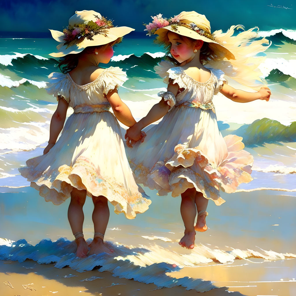 Two young girls in white dresses and straw hats holding hands at the shore.