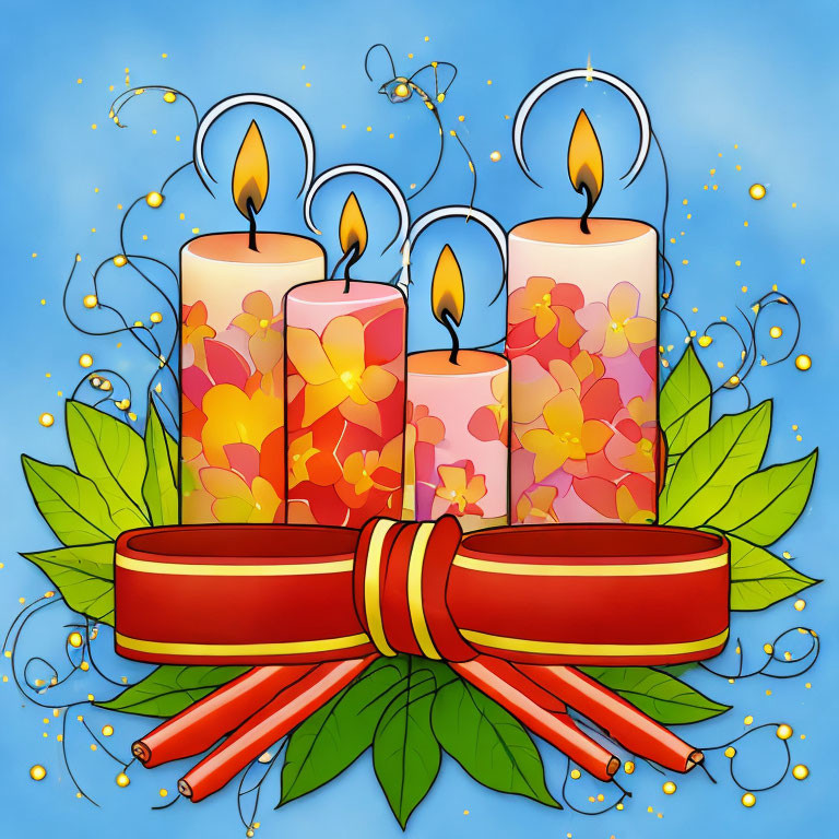 Floral-patterned candles tied with red ribbon on whimsical blue background