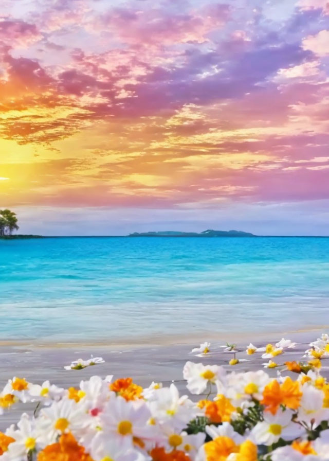 Colorful Beach Sunset with Ocean, Sky, and Flowers