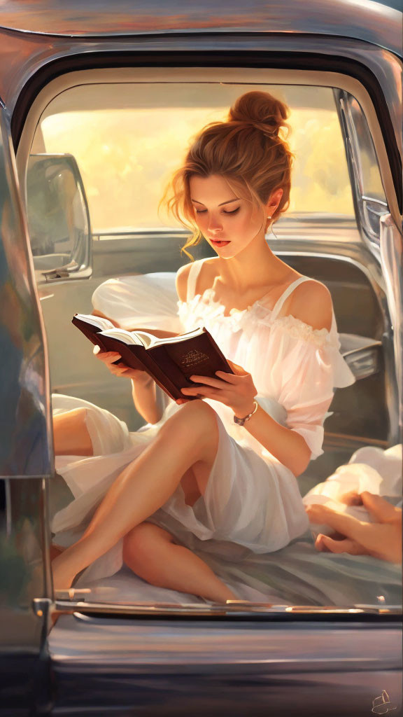 Woman in white off-shoulder dress reading book in vintage car under warm sunlight