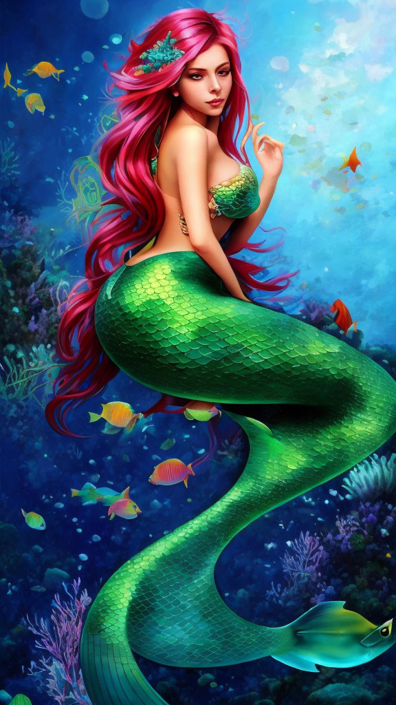 Colorful Mermaid Illustration with Red Hair and Green Tail surrounded by Fish