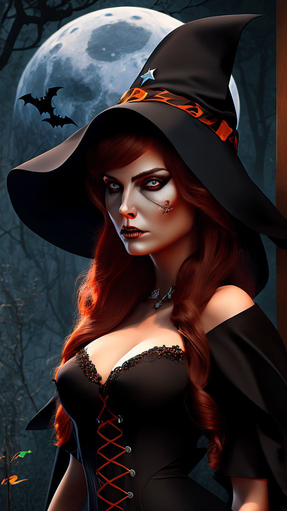 Red-haired female witch in black attire in spooky forest with full moon and bats