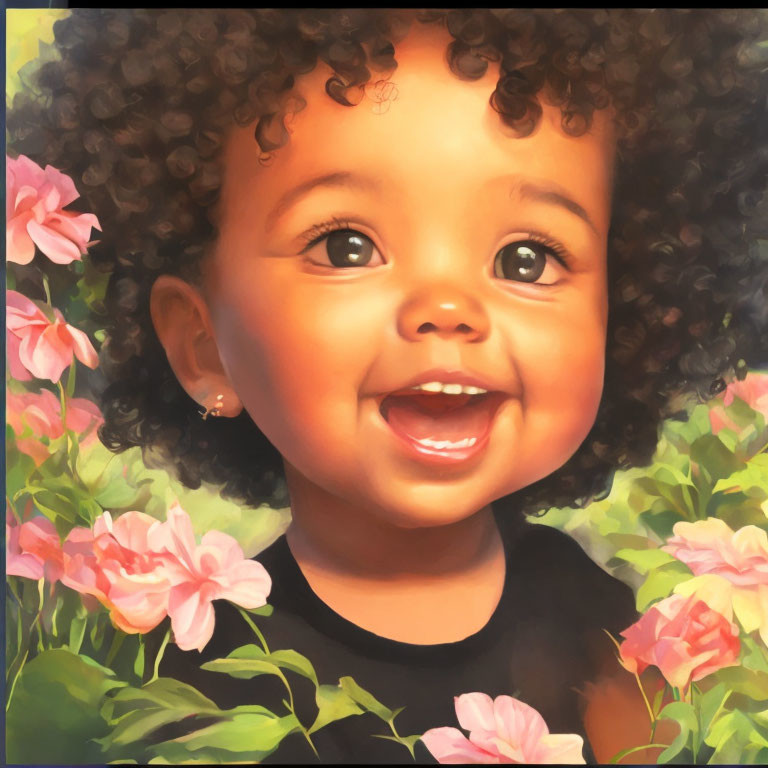 Cheerful toddler with curly hair and big smile in pink flower setting.