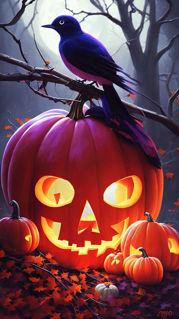 Glowing jack-o'-lantern with pumpkins, leaves, and eerie forest scene with bird