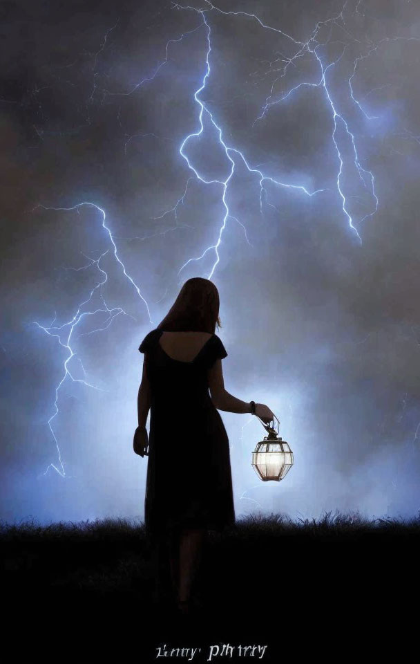 Woman holding lantern under dramatic lightning sky