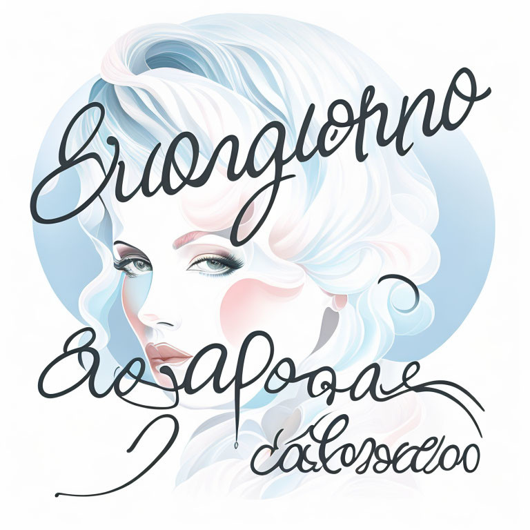 Stylized woman with pale skin and blue hair in Italian cursive greetings