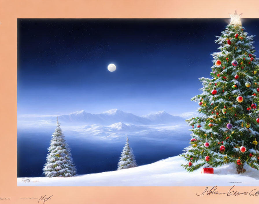 Winter Holiday Scene: Decorated Christmas Tree under Starlit Sky