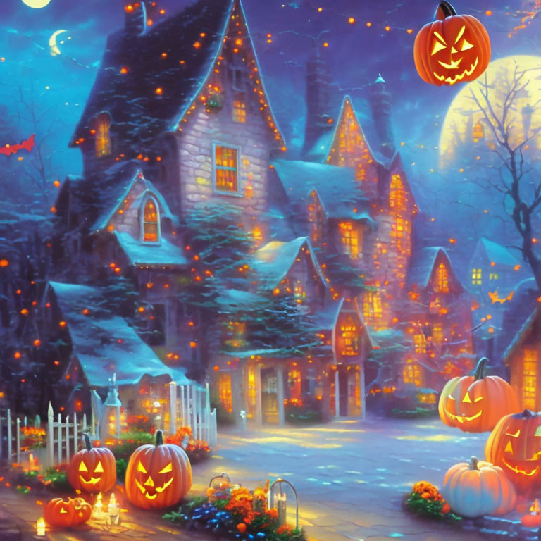 Victorian-style house with Halloween decorations and jack-o'-lanterns under moonlit sky