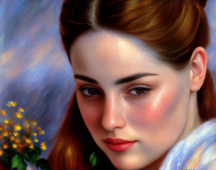 Realistic digital portrait of woman with flushed cheeks and brown hair in bun, yellow flowers, blue eth