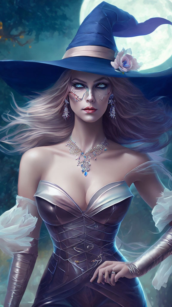 Mystical woman in corset, hat, and jewelry