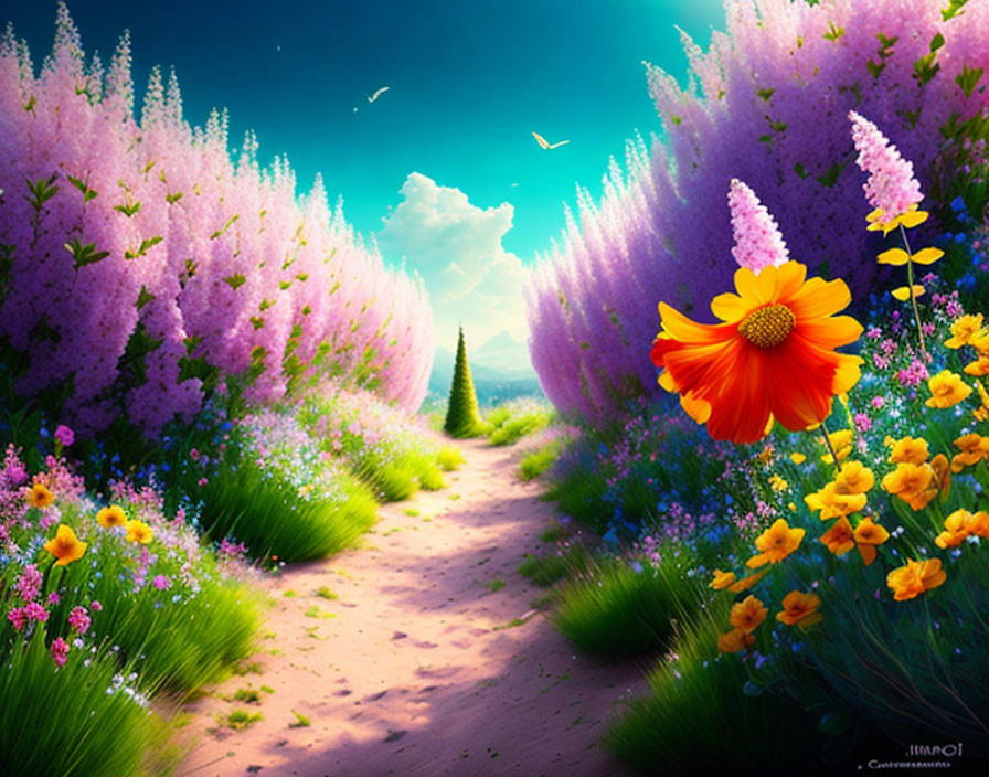 Colorful Garden Path with Purple and Pink Flowers and Orange Bloom