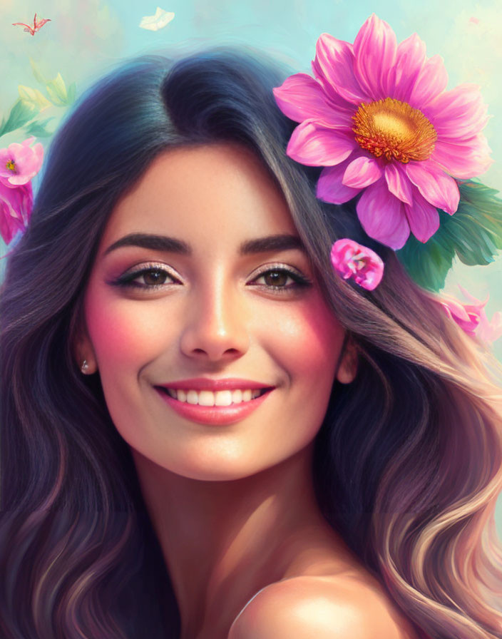 Smiling woman with blue hair and pink flowers in digital portrait