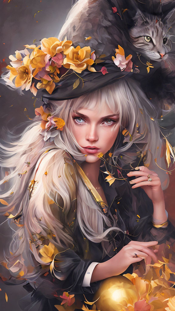 Digital artwork: Woman with silver hair, blue eyes, black witch hat, yellow flowers, grey cat