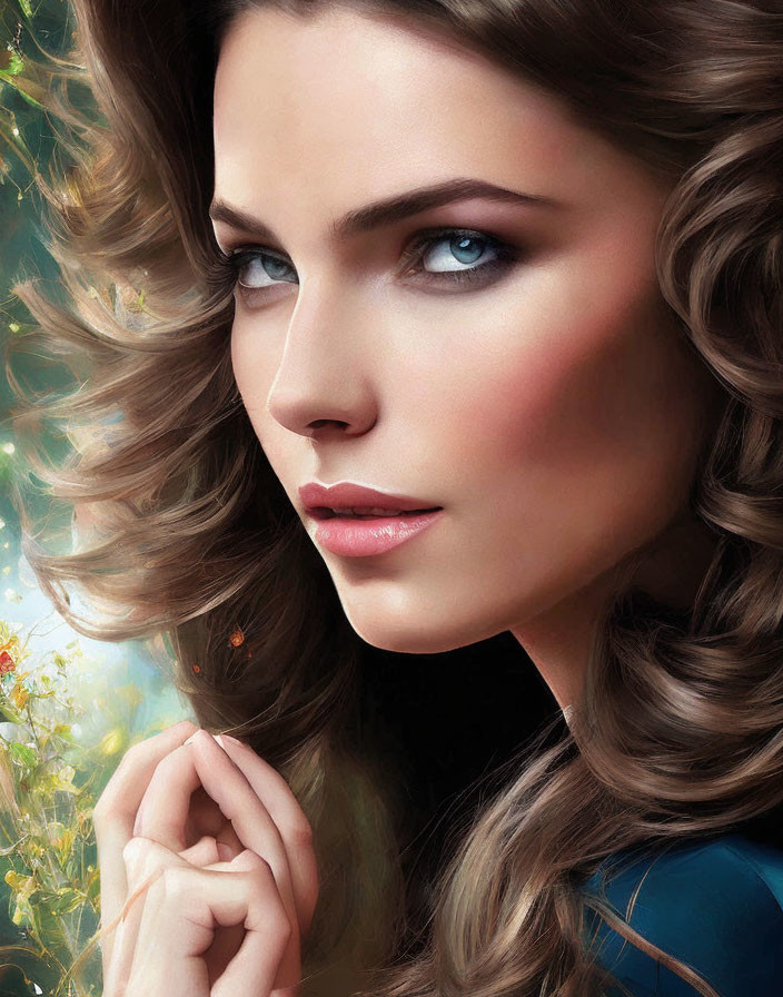 Digital artwork of woman with blue eyes, brown hair, and fair skin against floral background