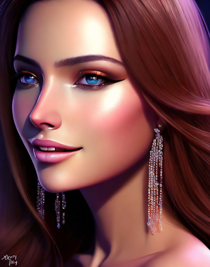 Detailed Makeup and Blue Eyes: Woman's Portrait with Long Beaded Earrings