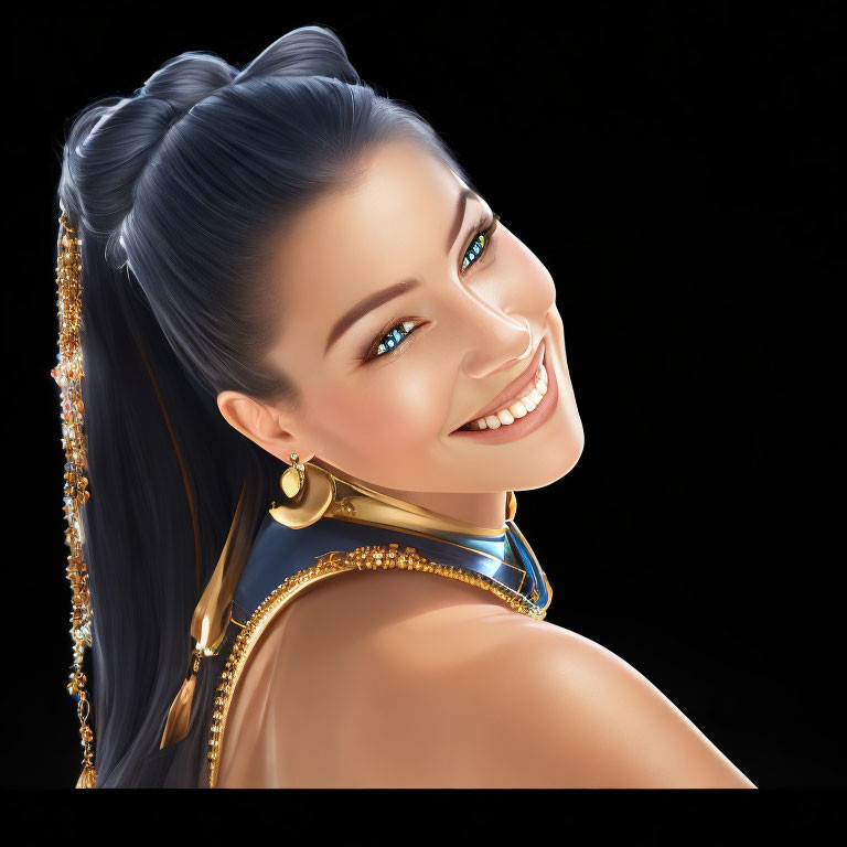 Smiling woman with blue eyes and high ponytail in digital art