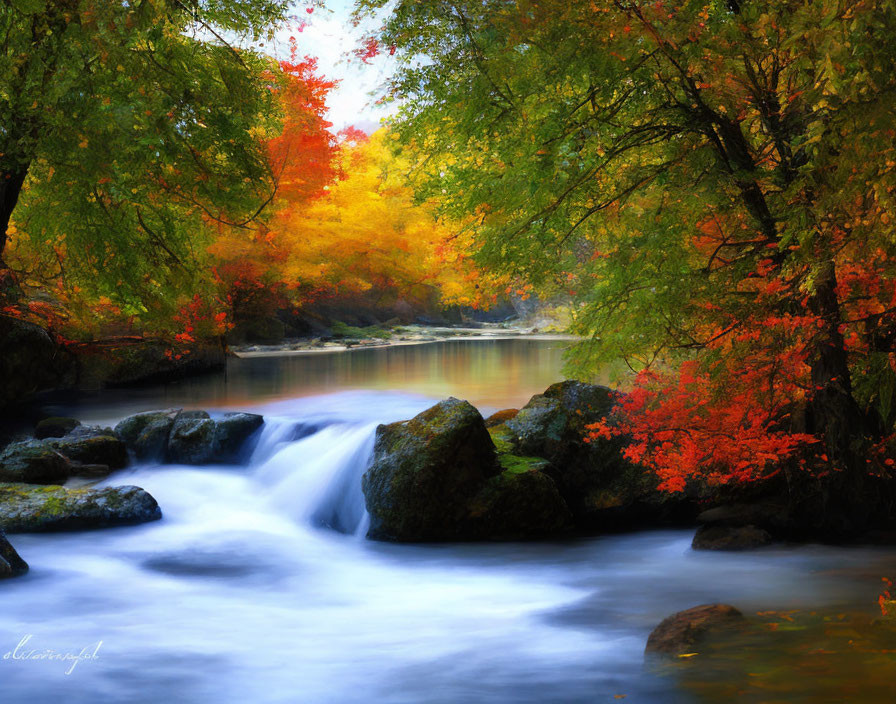 Tranquil forest river scene with autumn foliage