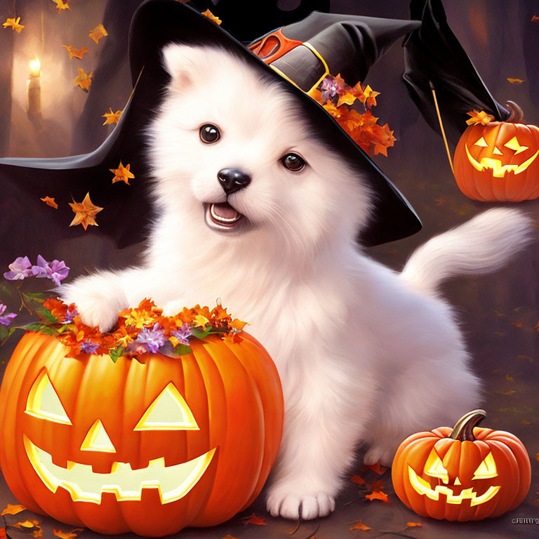 White Puppy in Witch Hat with Pumpkins in Autumn Setting