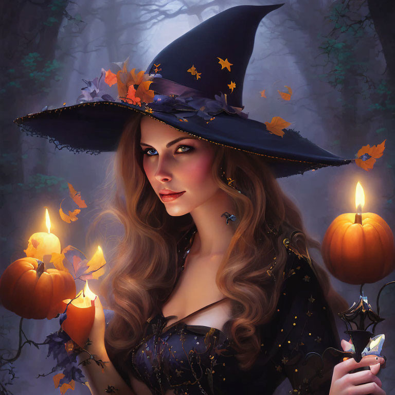 Digital artwork: Woman in witch costume with pumpkins and candles in misty forest