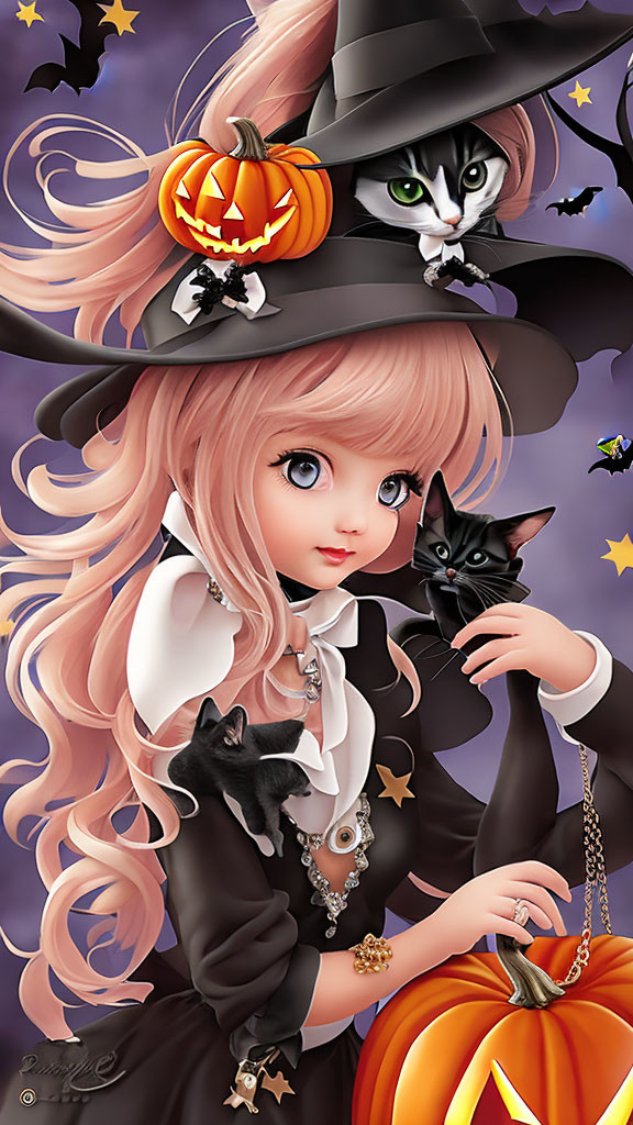 Anime-style girl in witch costume with pink hair, black cats, pumpkin, bats under twilight sky