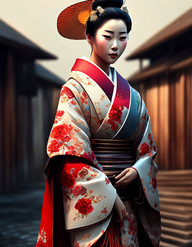 Traditional Japanese woman in kimono with floral pattern and Kanzashi in hair in wooden corridor