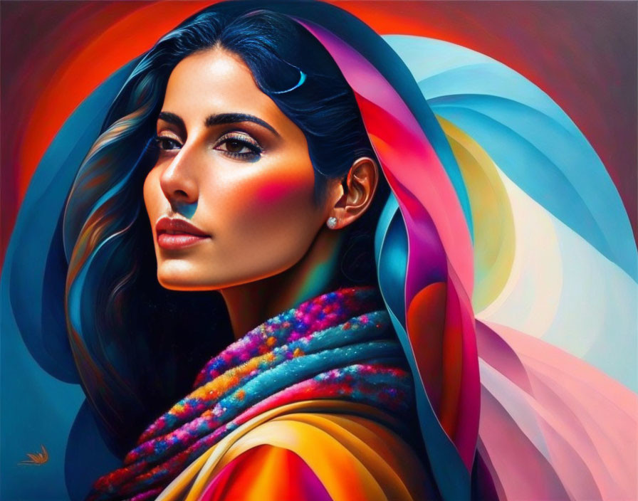 Colorful portrait of a woman with striking eyes and textured garment against rainbow backdrop.