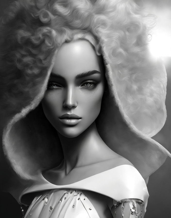 Monochromatic portrait of woman with voluminous curly hair