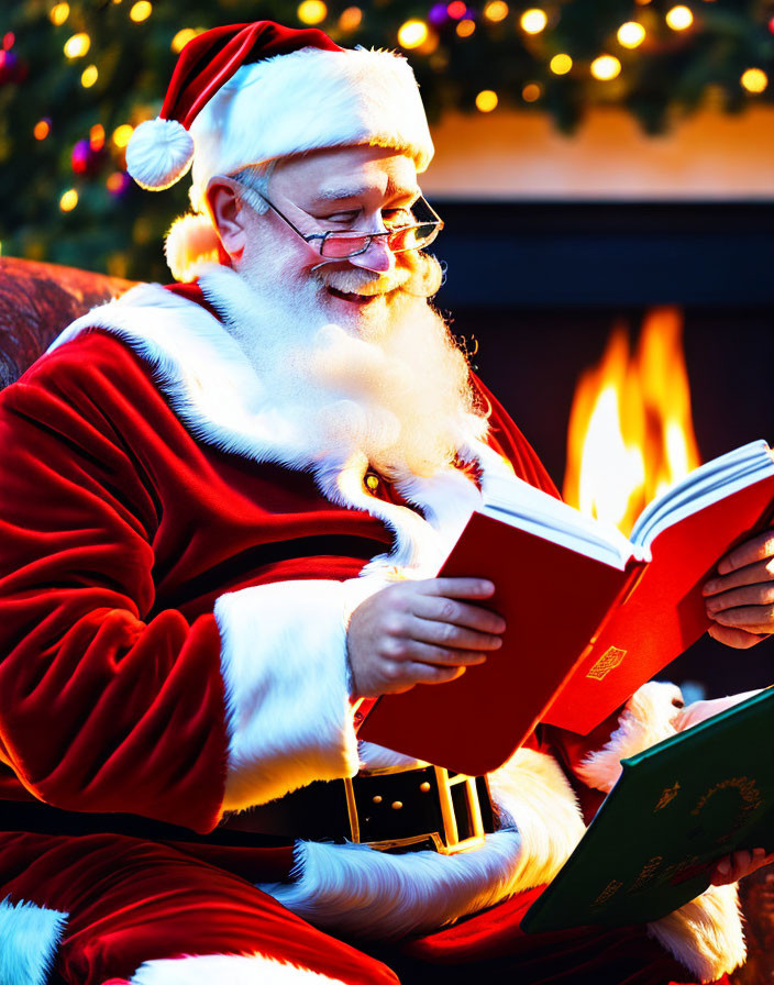 Santa Claus reading book by fireplace with festive lights