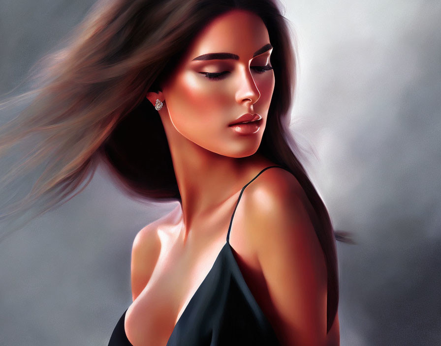 Digital artwork: Woman with flowing hair, elegant dress, calm expression