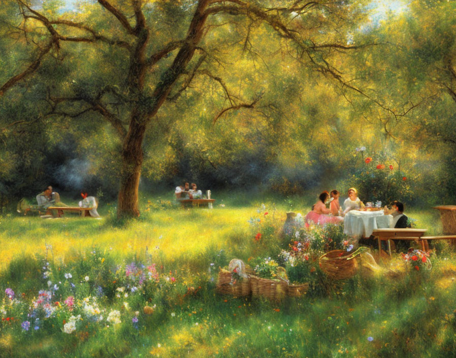 Tranquil pastoral landscape with people picnicking in blooming meadow