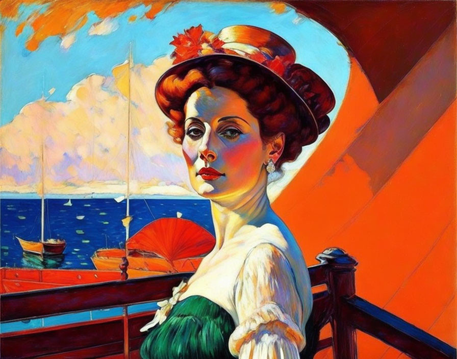 Vintage painting of elegant woman with hat and fan in front of seascape and sailboats