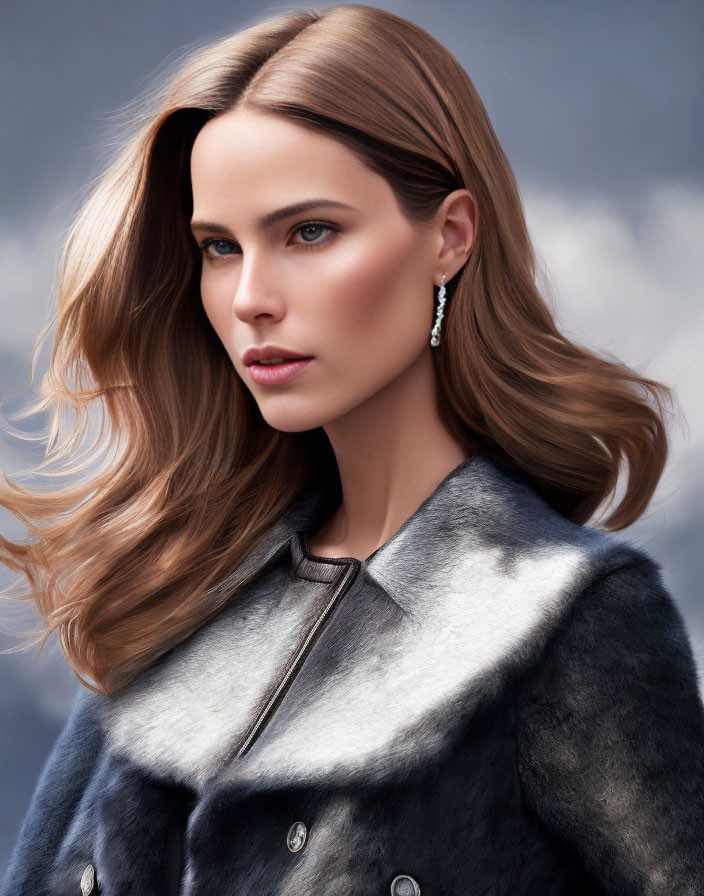 Woman with Medium-Length Brown Hair in Grey and Black Fur Coat and Dangling Earring against Cloudy