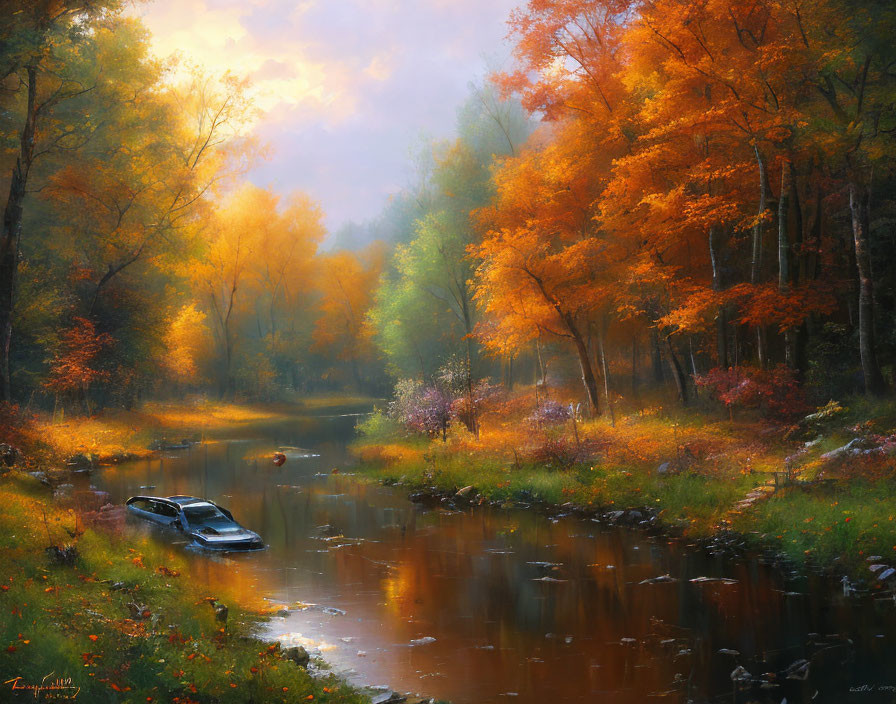 Serene autumnal forest scene with orange trees reflected in river