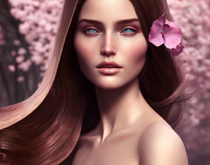 Digital portrait: Woman with blue eyes, long brown hair, purple flower, pink blossom background