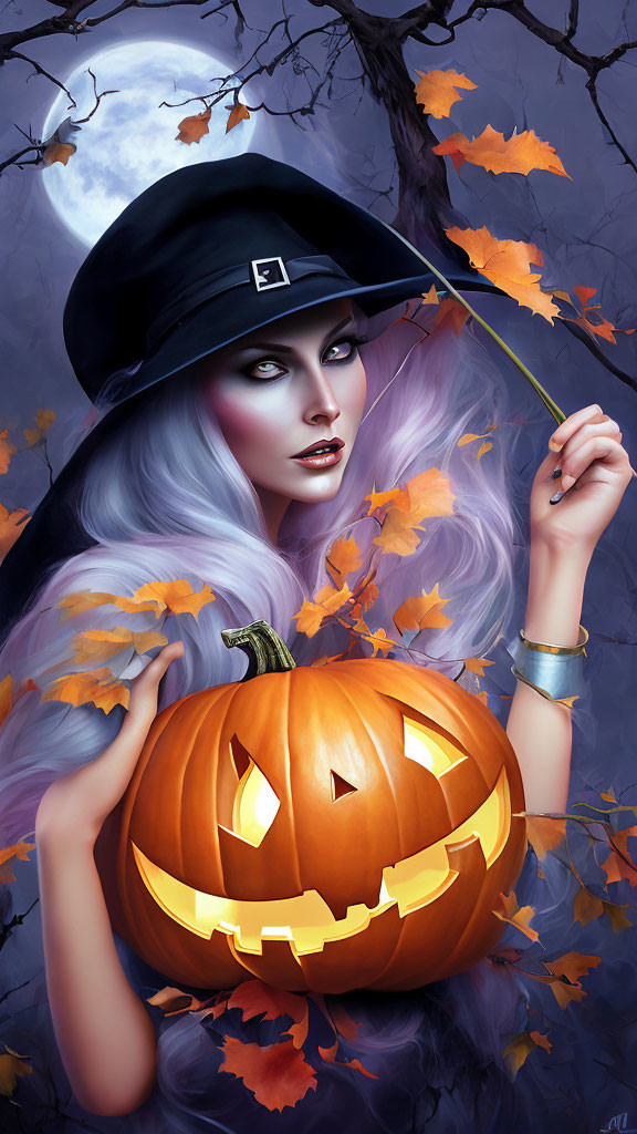 Pale-skinned person with long gray hair in witch's hat holding carved pumpkin amidst swirling orange leaves on